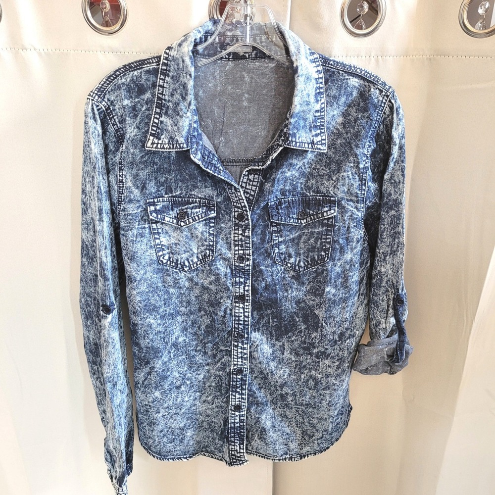 Acid Wash Womens Denim Shirt Large Chambray 90s Retro Y2K Grunge Festival 21587